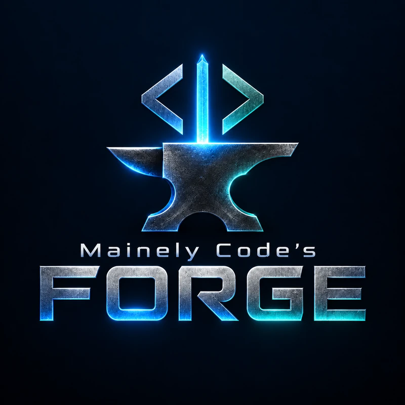 Mainely Code’s FORGE logo: a metallic anvil and code brackets illuminated in blue and teal