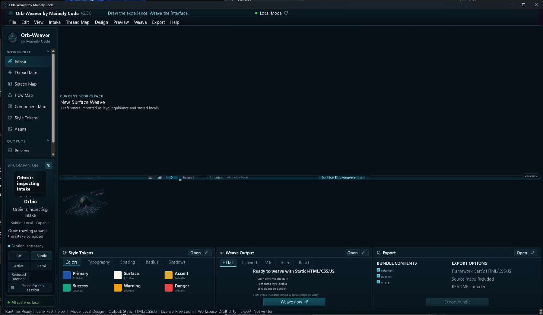 Orb-Weaver public beta interface showing Intake, Thread Map, Screen Map, Flow Map, Style Tokens, Weave Output, and Export panels